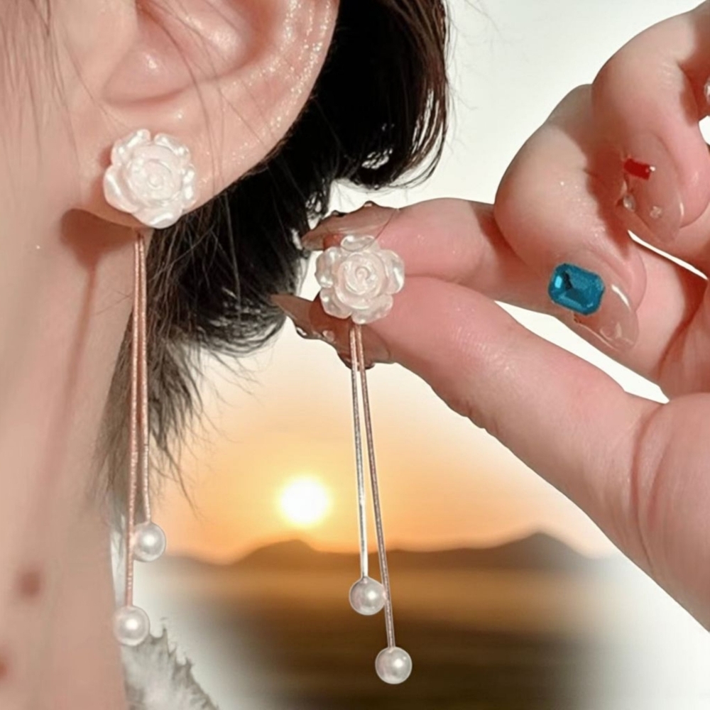 Imitation Pearl Flower Tassel Gold Plated Fashion Earrings Alloy Dangle
